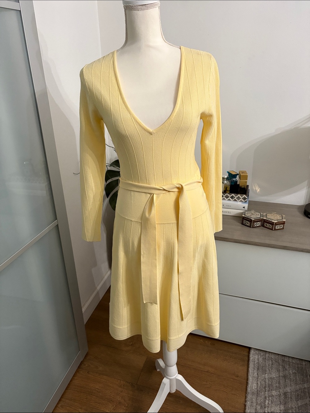 Guess by Marciano Pale Yellow V-Neck Knit Belted Midi Dress